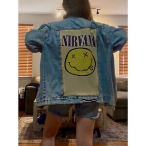 NIRVANA Upcycled Grunge Denim Jacket 90s Punk Rock Retro Vintage Checkered Sz M
